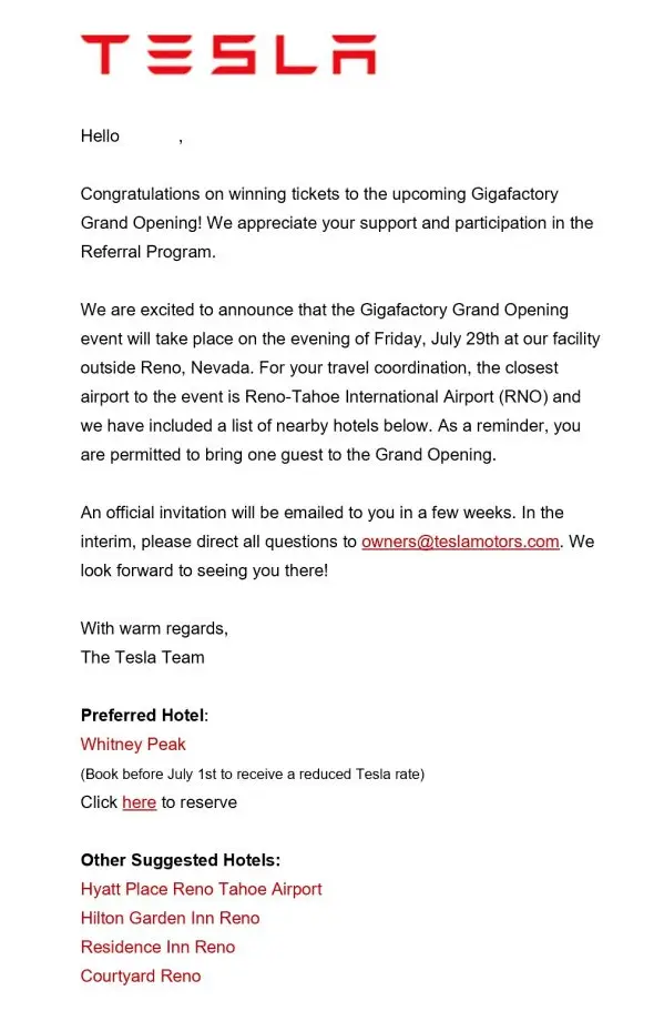 Tesla Gigafactory Grand Opening Invite